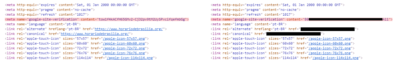 Casbaneiro: Metadata stránky: vlevo vidíte metada legitimní stránky, vpravo té podvodné. Adresa serveru se skrývá v tagu google-site-verification 