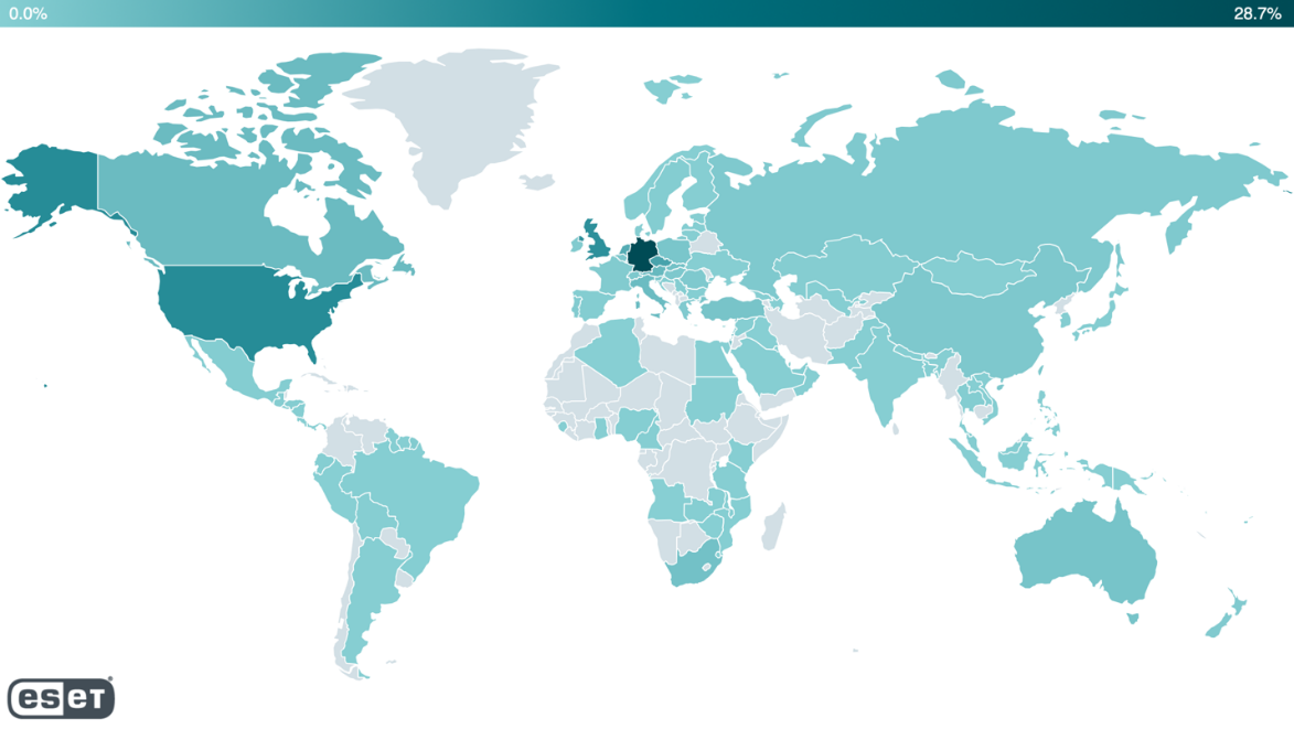 Podíl kompromitovaných serverů v jednotlivých zemích (28. 2. 2021- 9. 3. 2021)