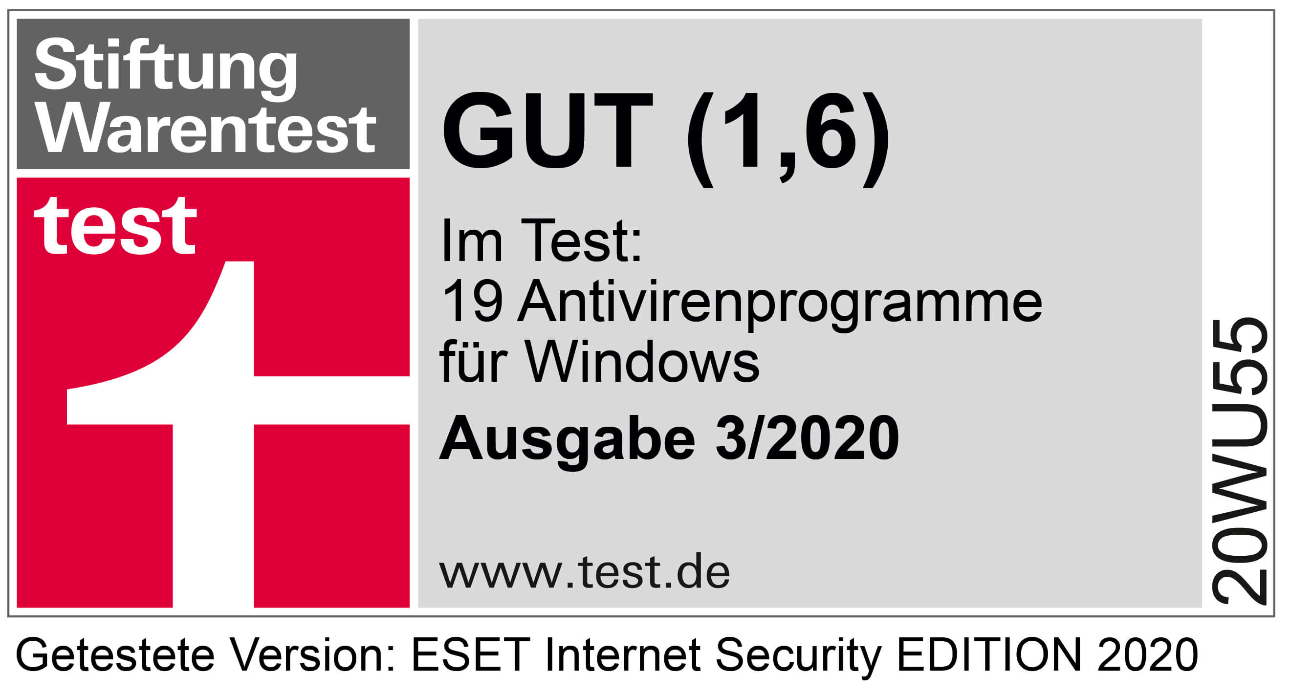 Stiftung Warentest Note 1,6 aus dem Test 19 Antivirenprogramme für Windows, Ausgabe 3 des Jahres 2020