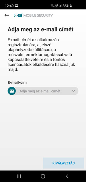 ESET Mobile Security - E-mail cím megadása