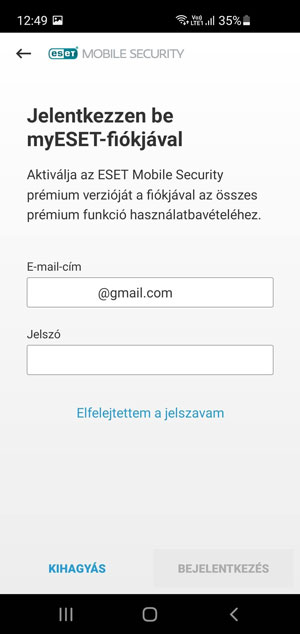 ESET Mobile Security - myESET bejelentkezés