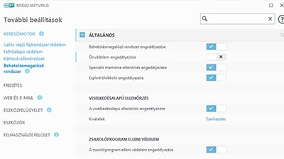 ESET védelmi megoldásainak beállításainál kapcsolja be a Behatolásmegelőző rendszert, a Zsarolóprogram elleni védelmet, a Speciális memória ellenőrzést, az Exploit blokkolót, a Veszélyes alkalmazások keresését, a Dokumentumvédelmet és a felhő alapú LiveGrid megbízhatósági rendszert