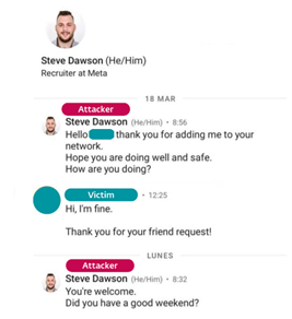 The initial contact by the attacker impersonating a recruiter from Meta