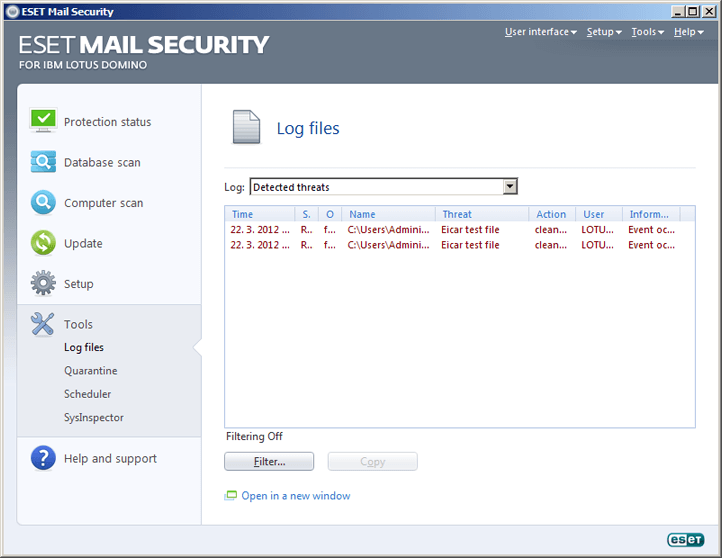 ESET Mail Security for IBM Lotus Domino - Tools - Log files image