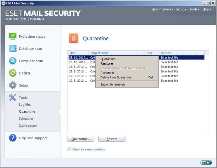 ESET Mail Security for IBM Lotus Domino - Tools - Quarantine image