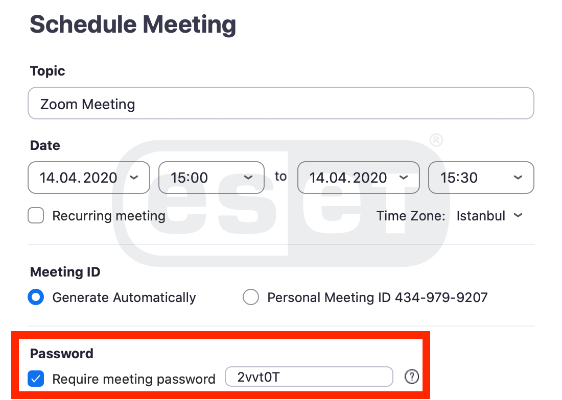 Şekil 1. Zoom artık bir toplantıyı planlarken varsayılan olarak parola gerektiriyor.