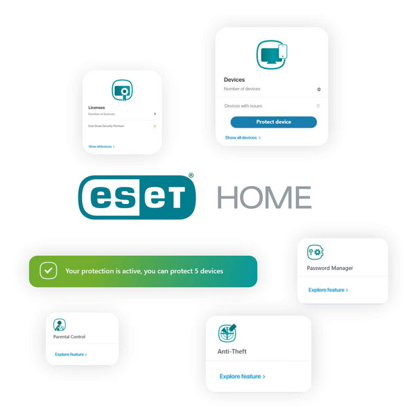 Simplified security overview with ESET HOME overall protection status message. 