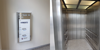 Az ESET irodájához vezető liftbejárat, ami mellett a falon a Sicontact felirat olvasható