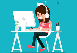 Illusztráció egy lányról, aki mosolyogva ül a számítógép előtt, mellette az ESET felirat