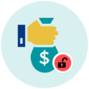 A Crypto zsarolóvírus illusztrációk ikonja, ami egy kézben tartott pénzes szütyőt ábrázol mellette egy nyitott lakattal