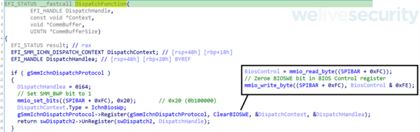 図 7. PchBiosWriteProtectのDispatchFunctionコード（Hex-Raysで逆コンパイルしたもの）