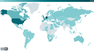 Poměr odhalených webshellů, které souvisejí se zranitelností ProxyShell v jednotlivých zemích.