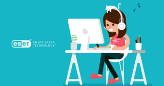 Illusztráció a biztonságos otthoni digitális munkának öröméről, amin egy fiatal, mosolygó lány látható a számítógép előtt