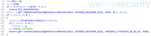 図12. NVRAM変数ChgBootSecureBootDisableの存在をチェックするChgBootDxeHookの関数（Hex-Raysで逆コンパイルされたもの）