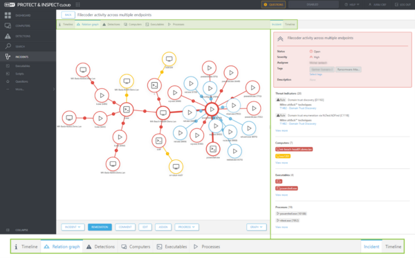 Incident Creator displays multiple prioritized entities to reduce alerts and simplify admin decision points concerning mitigation and remediation options including: Timeline, Relation Graph, Detections, Computers, Executables, Processes, Incident