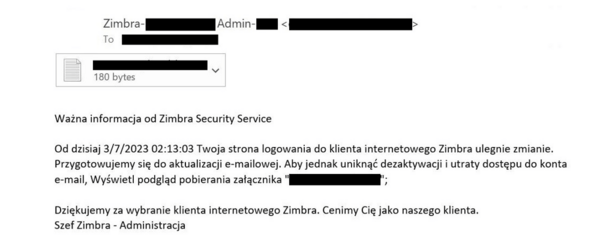 図2. 標的ユーザーのZimbraアカウントが無効になっているとポーランド語で警告してフィッシングを仕掛けるメール